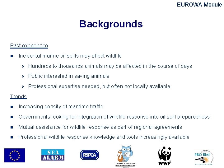 EUROWA Module Backgrounds Past experience n Incidental marine oil spills may affect wildlife Ø