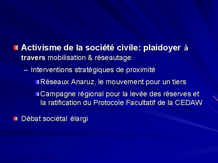 Activisme de la société civile: plaidoyer à travers mobilisation & réseautage: – Interventions stratégiques