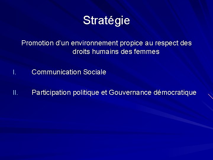 Stratégie Promotion d’un environnement propice au respect des droits humains des femmes I. Communication