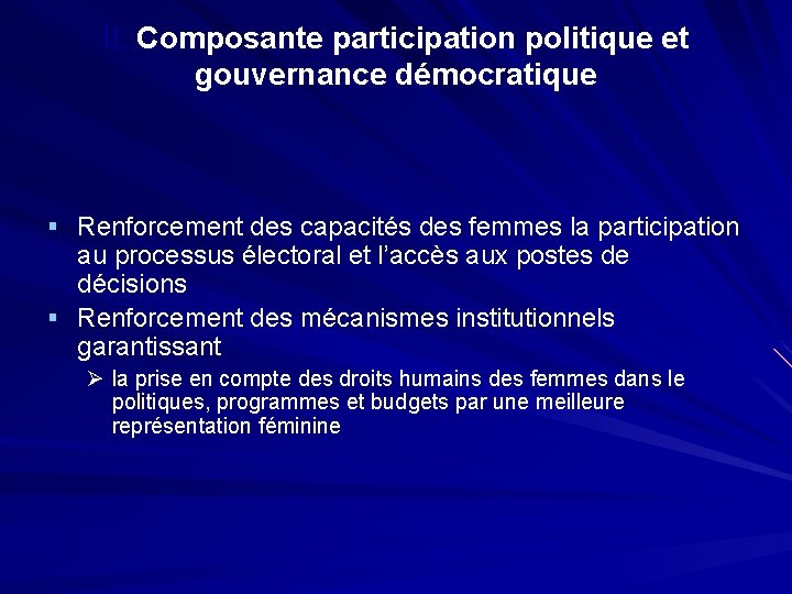 II. Composante participation politique et gouvernance démocratique § Renforcement des capacités des femmes la
