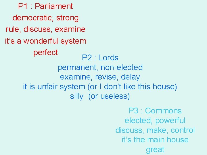 P 1 : Parliament democratic, strong rule, discuss, examine it’s a wonderful system perfect
