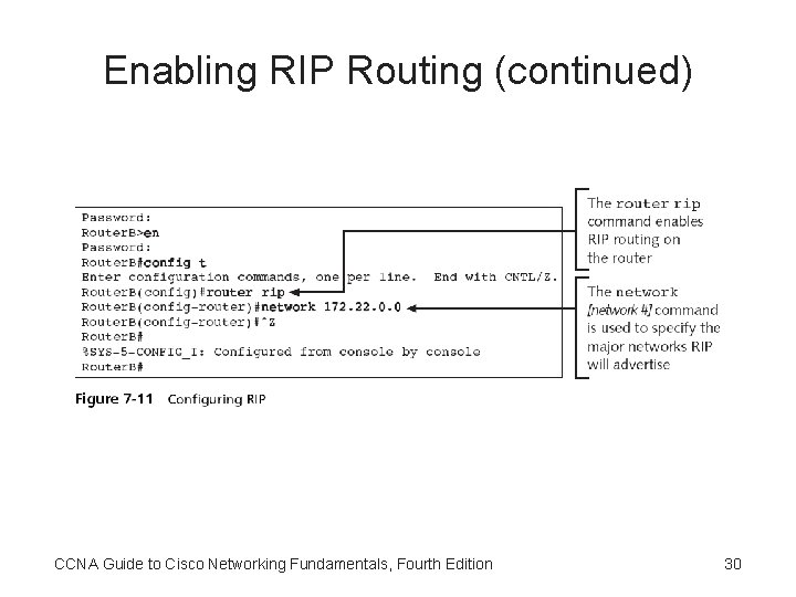 Enabling RIP Routing (continued) CCNA Guide to Cisco Networking Fundamentals, Fourth Edition 30 