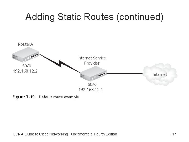 Adding Static Routes (continued) CCNA Guide to Cisco Networking Fundamentals, Fourth Edition 47 