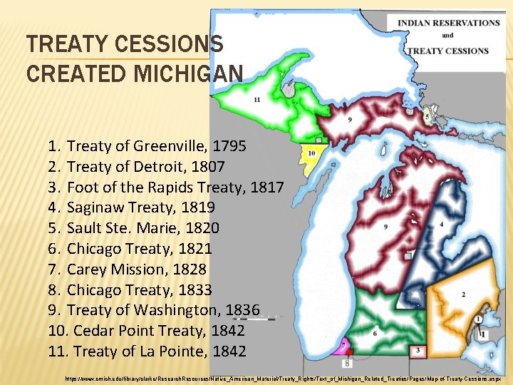 TREATY CESSIONS CREATED MICHIGAN 1. Treaty of Greenville, 1795 2. Treaty of Detroit, 1807