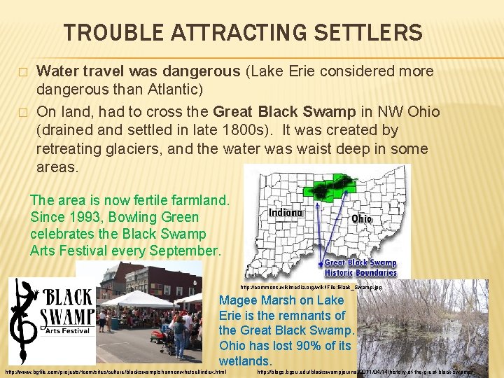 TROUBLE ATTRACTING SETTLERS � � Water travel was dangerous (Lake Erie considered more dangerous