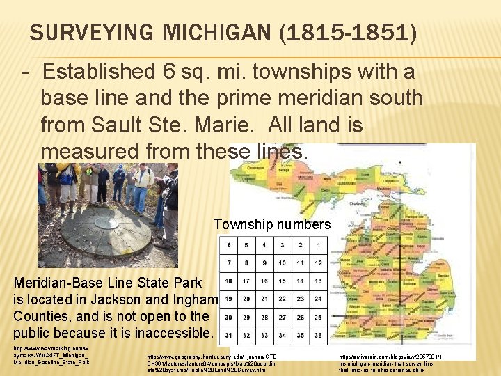 SURVEYING MICHIGAN (1815 -1851) - Established 6 sq. mi. townships with a base line