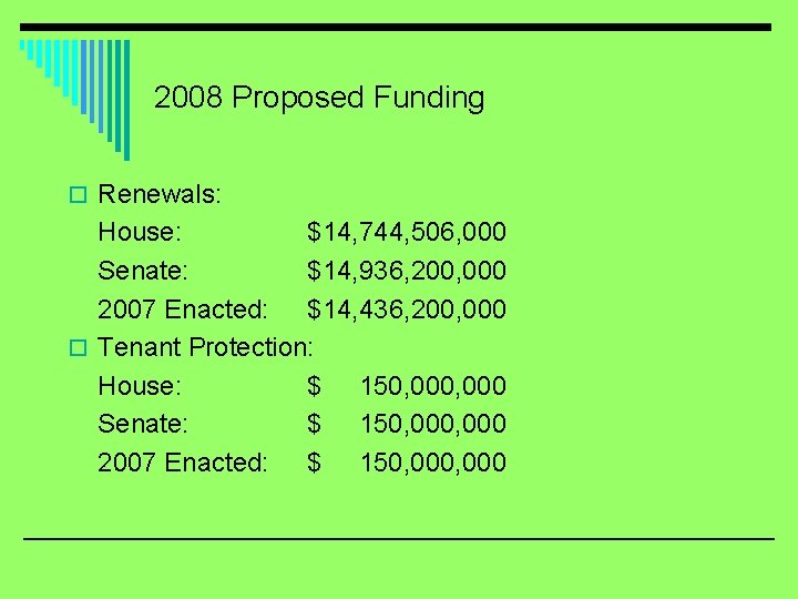 2008 Proposed Funding o Renewals: House: $14, 744, 506, 000 Senate: $14, 936, 200,