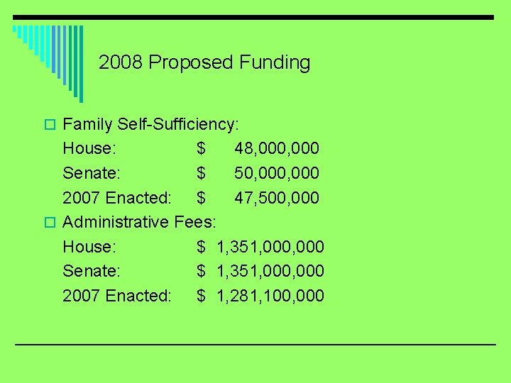 2008 Proposed Funding o Family Self-Sufficiency: House: $ 48, 000 Senate: $ 50, 000