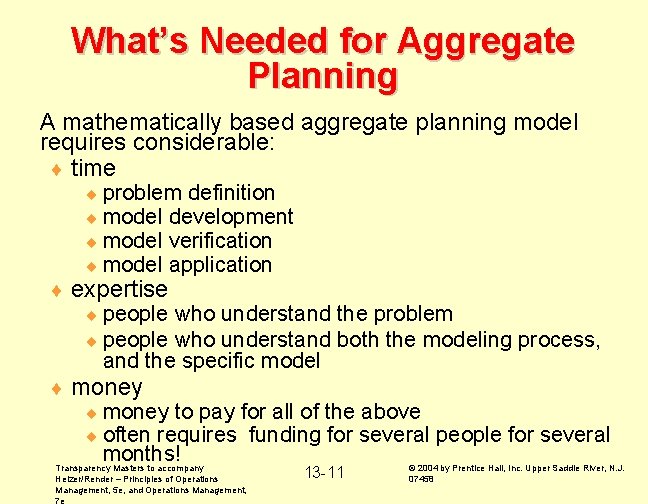 What’s Needed for Aggregate Planning A mathematically based aggregate planning model requires considerable: ¨