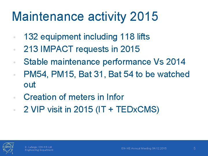 Maintenance activity 2015 • • • 132 equipment including 118 lifts 213 IMPACT requests