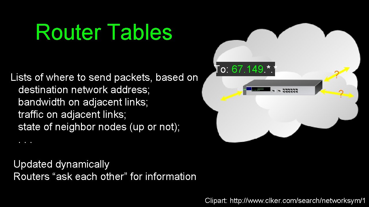 Router Tables Lists of where to send packets, based on destination network address; bandwidth