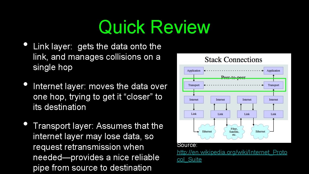  • • • Quick Review Link layer: gets the data onto the link,