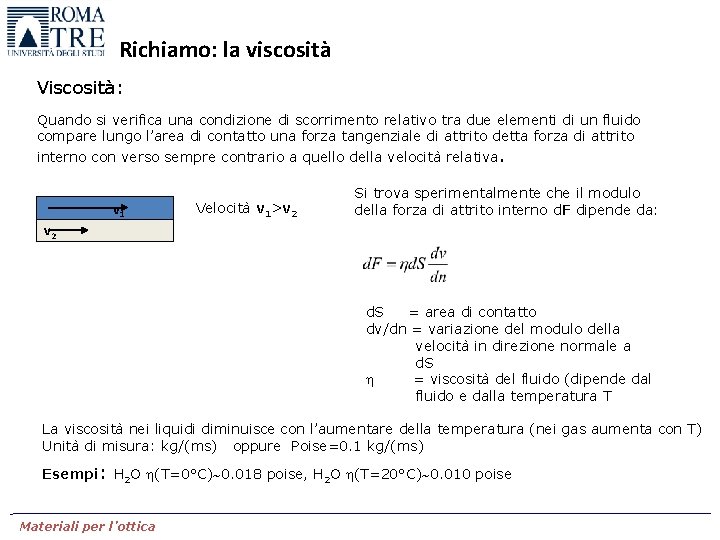 Richiamo: la viscosità Viscosità: Quando si verifica una condizione di scorrimento relativo tra due