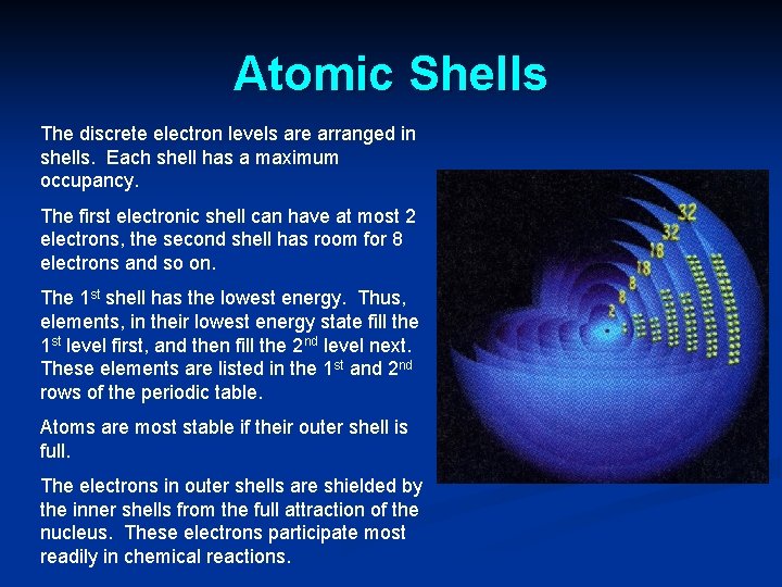 Atomic Shells The discrete electron levels are arranged in shells. Each shell has a Atomic Shells The discrete electron levels are arranged in shells. Each shell has a