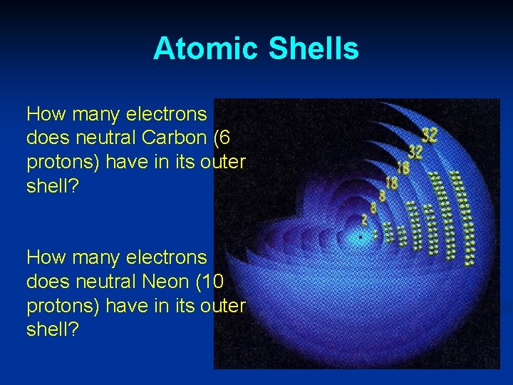 Atomic Shells How many electrons does neutral Carbon (6 protons) have in its outer Atomic Shells How many electrons does neutral Carbon (6 protons) have in its outer