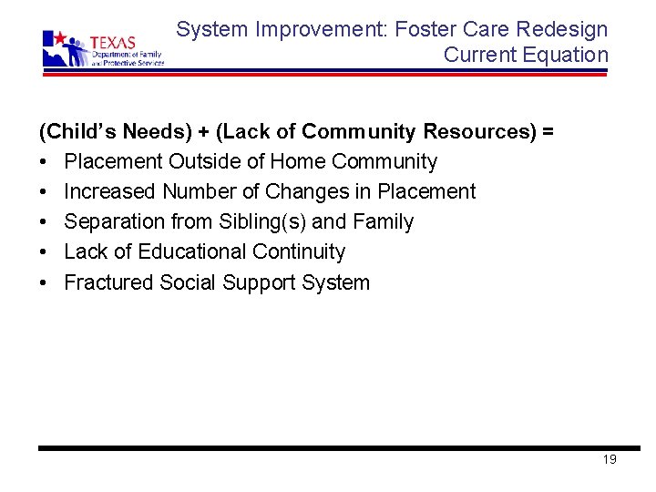 System Improvement: Foster Care Redesign Current Equation (Child’s Needs) + (Lack of Community Resources)