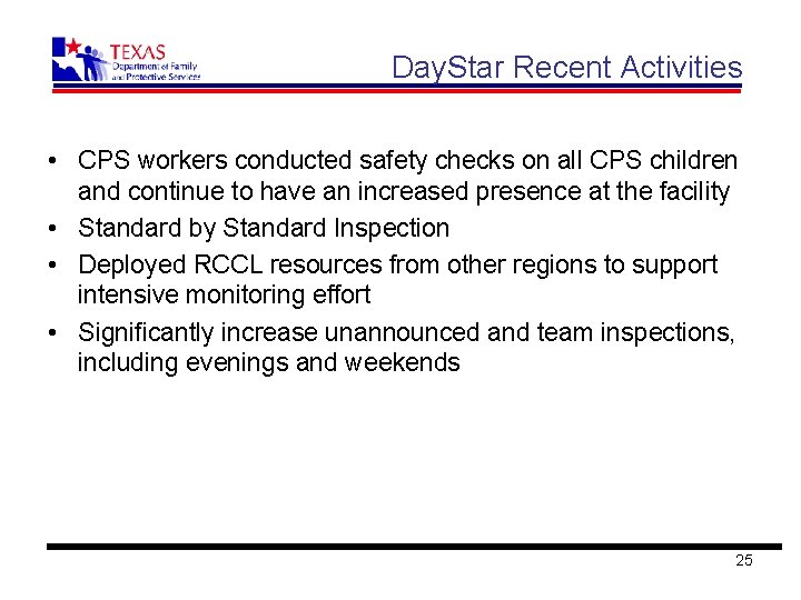 Day. Star Recent Activities • CPS workers conducted safety checks on all CPS children