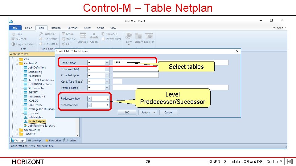 Control-M – Table Netplan Select tables Level Predecessor/Successor HORIZONT 29 XINFO – Scheduler z.