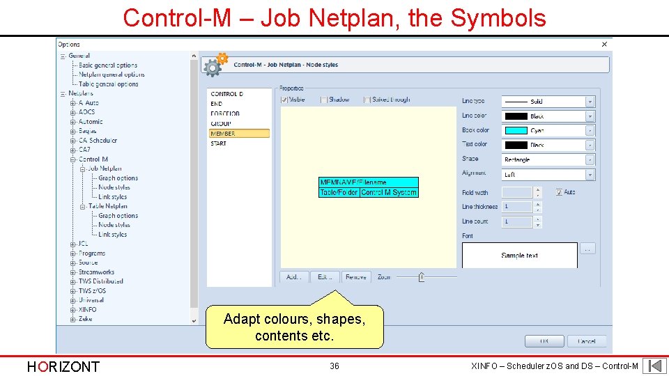 Control-M – Job Netplan, the Symbols Adapt colours, shapes, contents etc. HORIZONT 36 XINFO