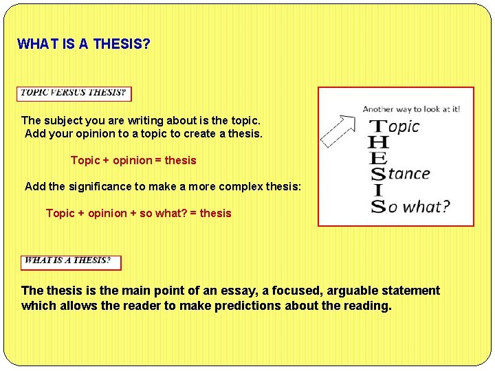 WHAT IS A THESIS? The subject you are writing about is the topic. Add