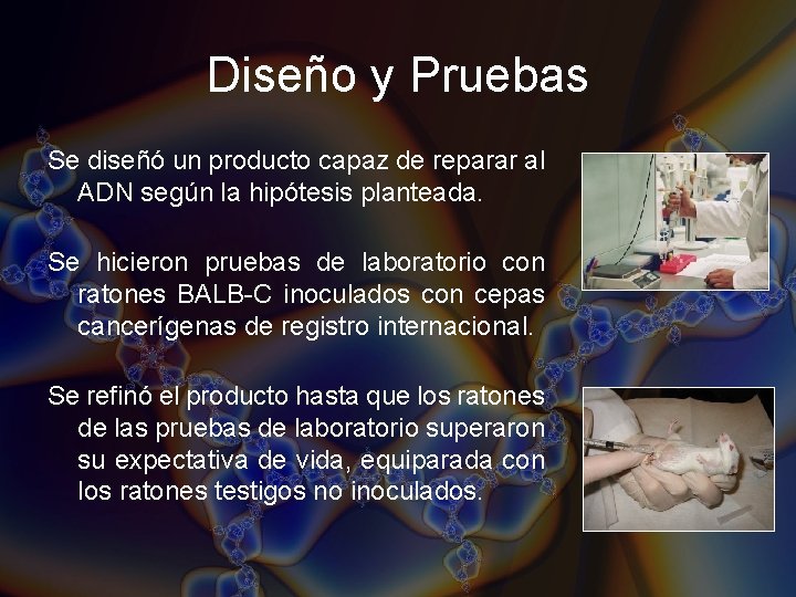 Diseño y Pruebas Se diseñó un producto capaz de reparar al ADN según la Diseño y Pruebas Se diseñó un producto capaz de reparar al ADN según la