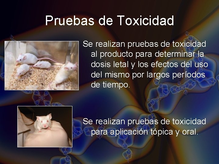 Pruebas de Toxicidad Se realizan pruebas de toxicidad al producto para determinar la dosis Pruebas de Toxicidad Se realizan pruebas de toxicidad al producto para determinar la dosis