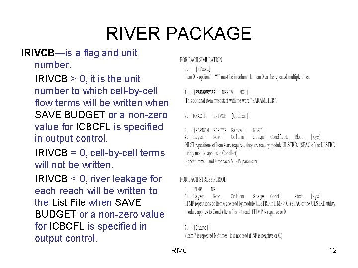 RIVER PACKAGE IRIVCB—is a flag and unit number. IRIVCB > 0, it is the