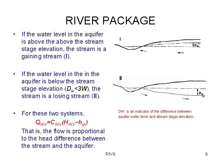 RIVER PACKAGE • If the water level in the aquifer is above the stream