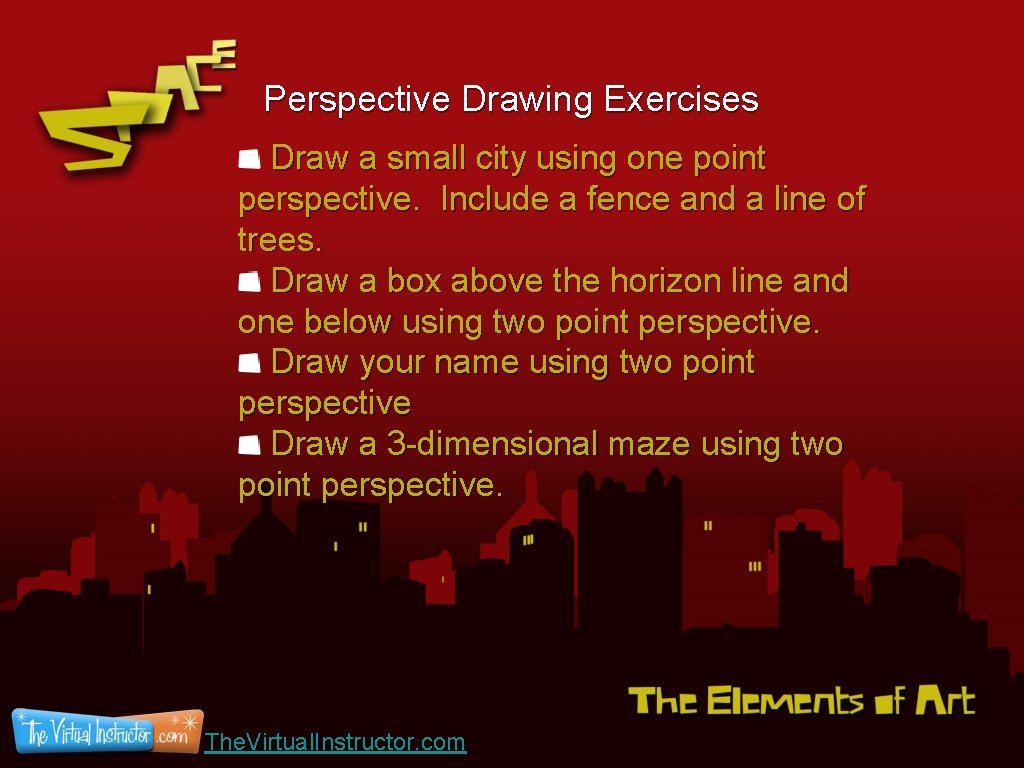 Perspective Drawing Exercises Draw a small city using one point perspective. Include a fence