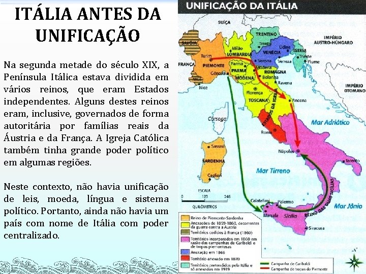 ITÁLIA ANTES DA UNIFICAÇÃO Na segunda metade do século XIX, a Península Itálica estava