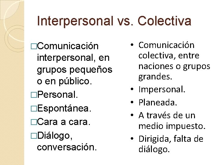 Interpersonal vs. Colectiva �Comunicación interpersonal, en grupos pequeños o en público. �Personal. �Espontánea. �Cara Interpersonal vs. Colectiva �Comunicación interpersonal, en grupos pequeños o en público. �Personal. �Espontánea. �Cara