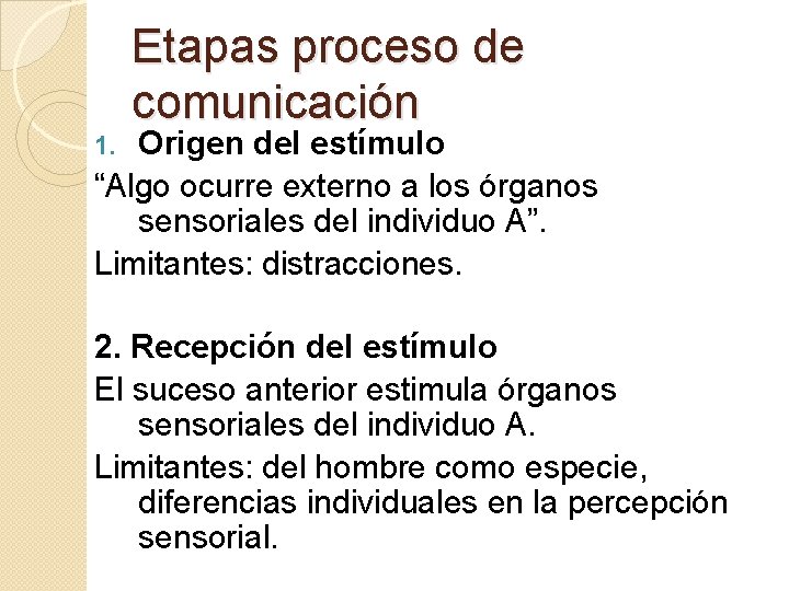 Etapas proceso de comunicación Origen del estímulo “Algo ocurre externo a los órganos sensoriales Etapas proceso de comunicación Origen del estímulo “Algo ocurre externo a los órganos sensoriales