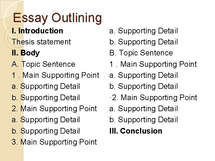 Essay Outlining I. Introduction Thesis statement II. Body A. Topic Sentence 1. Main Supporting Essay Outlining I. Introduction Thesis statement II. Body A. Topic Sentence 1. Main Supporting