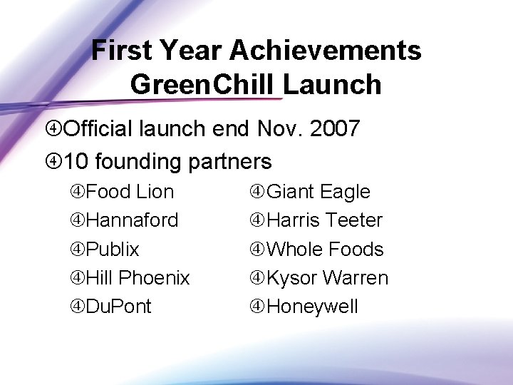 First Year Achievements Green. Chill Launch Official launch end Nov. 2007 10 founding partners