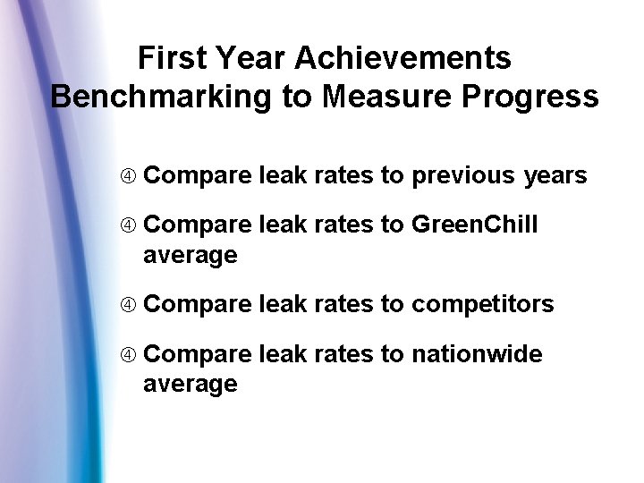 First Year Achievements Benchmarking to Measure Progress Compare leak rates to previous years Compare