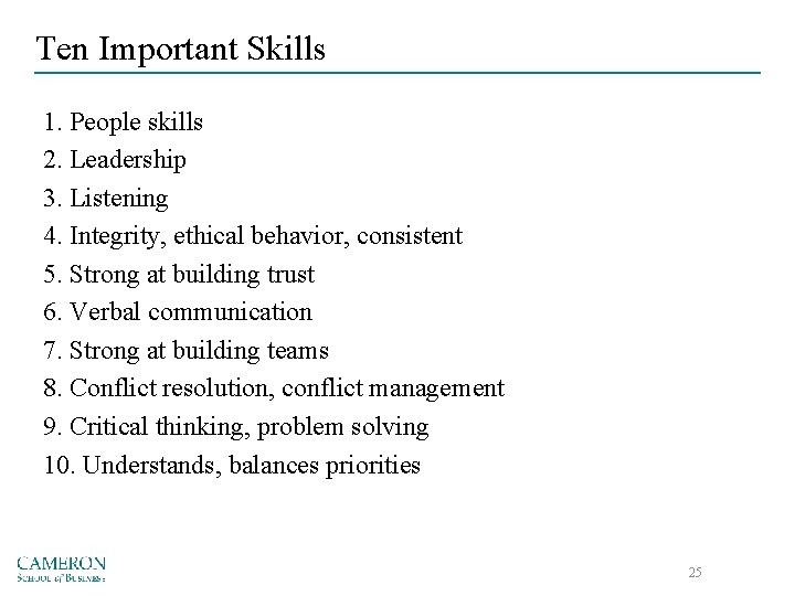 Ten Important Skills 1. People skills 2. Leadership 3. Listening 4. Integrity, ethical behavior,
