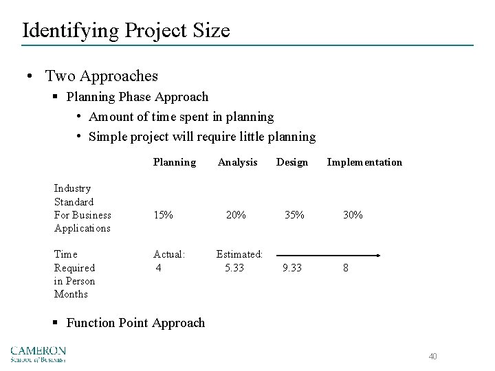 Identifying Project Size • Two Approaches § Planning Phase Approach • Amount of time