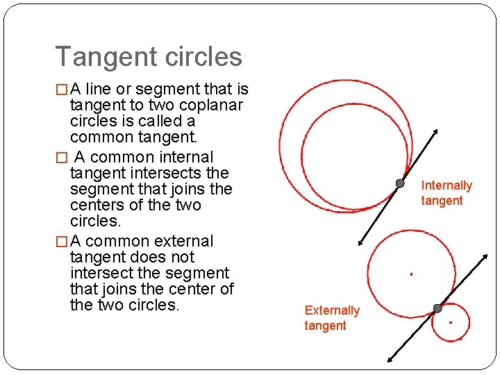 Tangent circles � A line or segment that is tangent to two coplanar circles