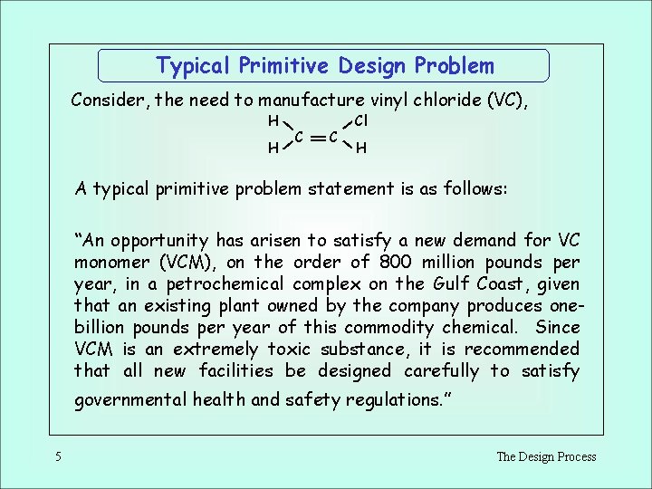 Typical Primitive Design Problem Consider, the need to manufacture vinyl chloride (VC), H H Typical Primitive Design Problem Consider, the need to manufacture vinyl chloride (VC), H H