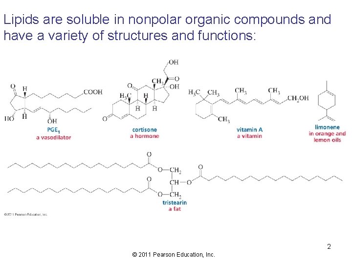 Lipids are soluble in nonpolar organic compounds and have a variety of structures and