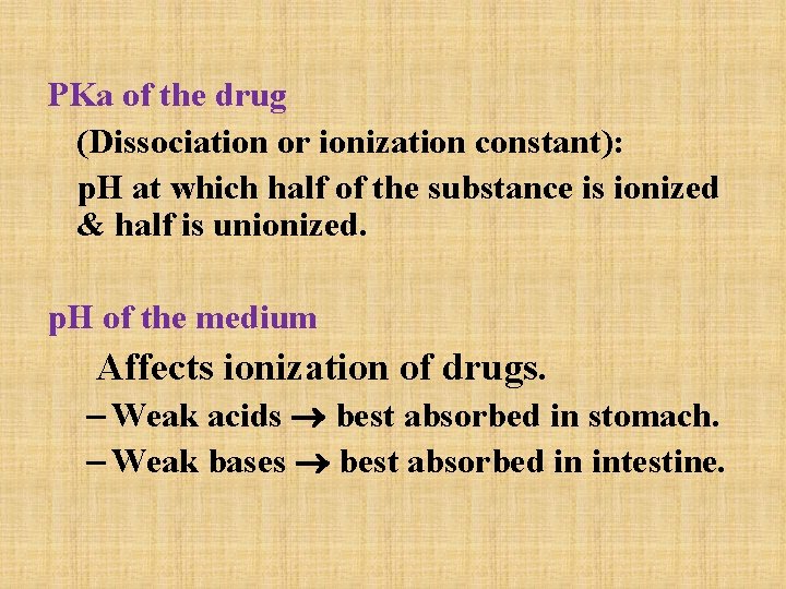 PKa of the drug (Dissociation or ionization constant): p. H at which half of