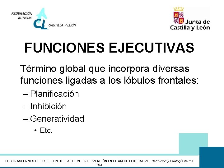 FUNCIONES EJECUTIVAS Término global que incorpora diversas funciones ligadas a los lóbulos frontales: –