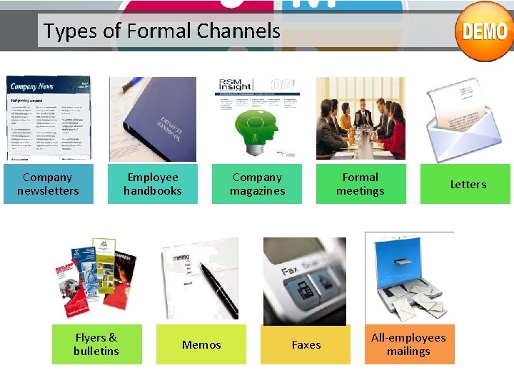 Types of Formal Channels Company newsletters Flyers & bulletins Employee handbooks Memos Company magazines Types of Formal Channels Company newsletters Flyers & bulletins Employee handbooks Memos Company magazines