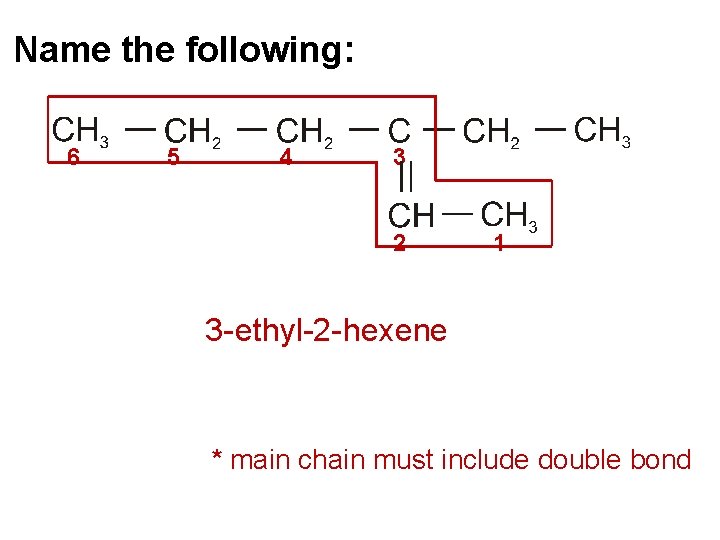 Name the following: 6 5 4 3 2 1 3 - ethyl-2 - hexene