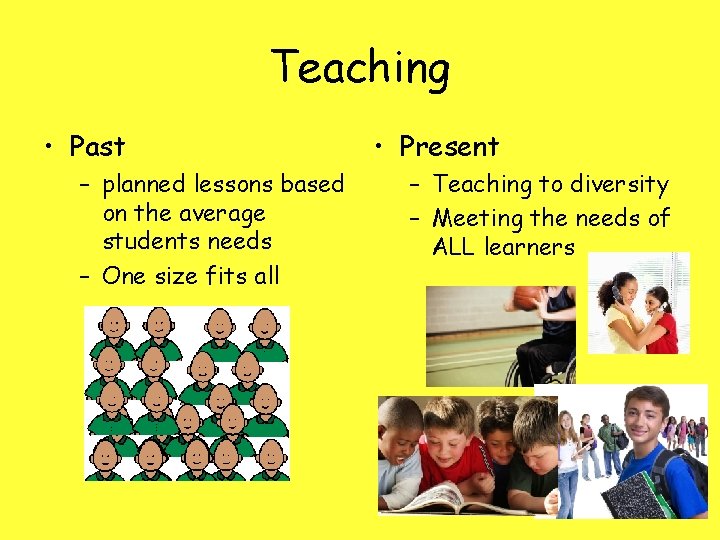 Teaching • Past – planned lessons based on the average students needs – One
