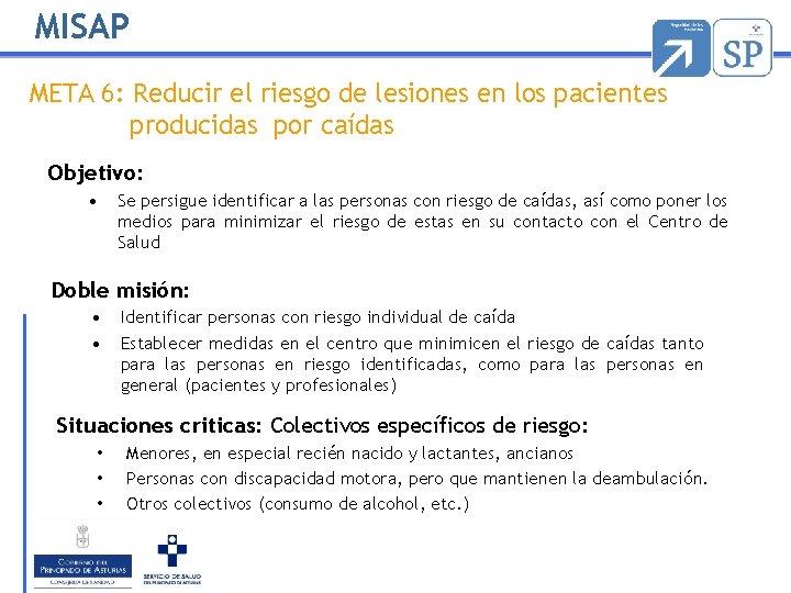 MISAP META 6: Reducir el riesgo de lesiones en los pacientes producidas por caídas MISAP META 6: Reducir el riesgo de lesiones en los pacientes producidas por caídas