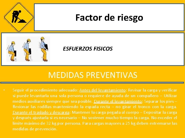 Factor de riesgo ESFUERZOS FISICOS MEDIDAS PREVENTIVAS • Seguir el procedimiento adecuado: Antes del