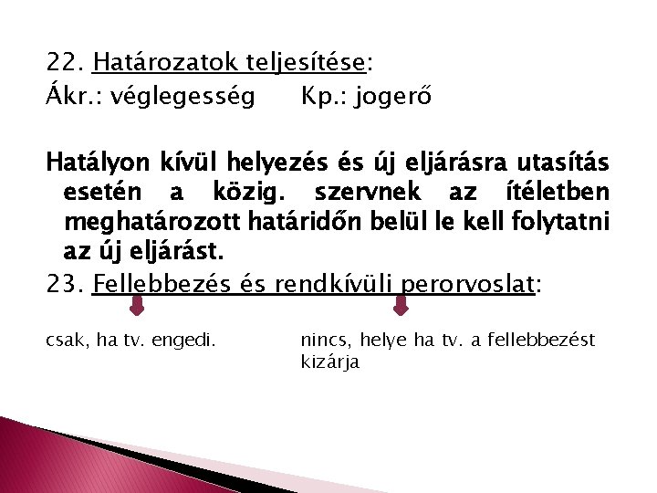 22. Határozatok teljesítése: Ákr. : véglegesség Kp. : jogerő Hatályon kívül helyezés és új