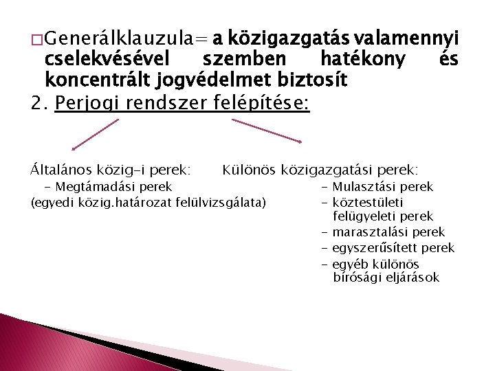 � Generálklauzula= a közigazgatás valamennyi cselekvésével szemben hatékony koncentrált jogvédelmet biztosít 2. Perjogi rendszer