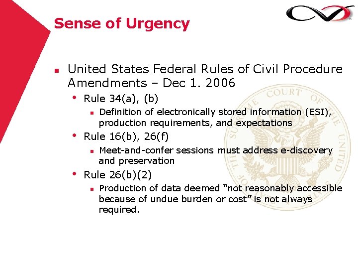 Sense of Urgency n United States Federal Rules of Civil Procedure Amendments – Dec
